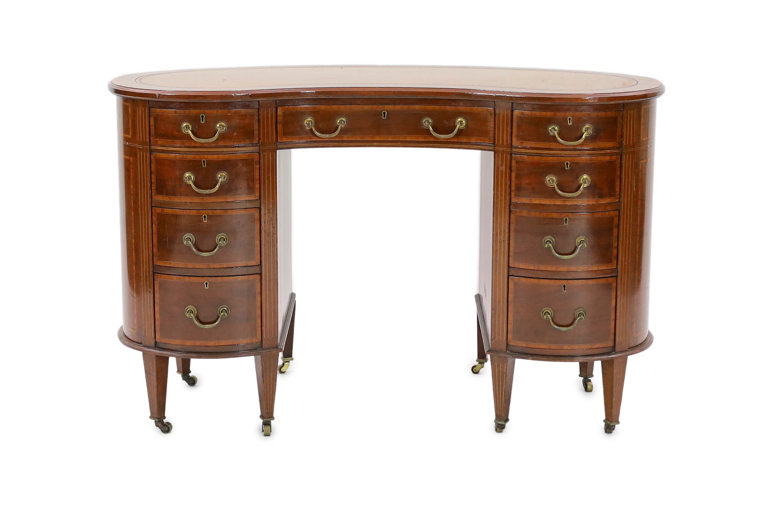 An Edwardian satinwood banded mahogany kidney shaped kneehole desk, W.122cm D.64cm H.77cm